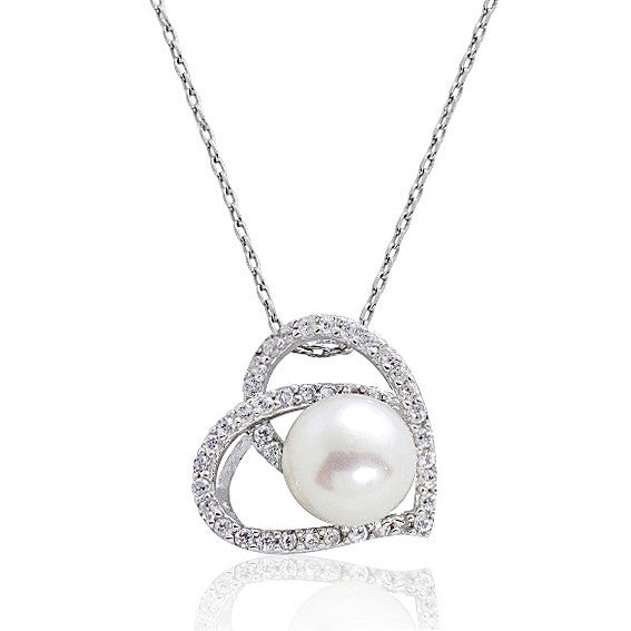 925 Sterling Silver 0.6 Carat CZ Heart 8-9 mm Pearl Necklace 16"+ 2" - Jewelry - Prjewel.com - 1