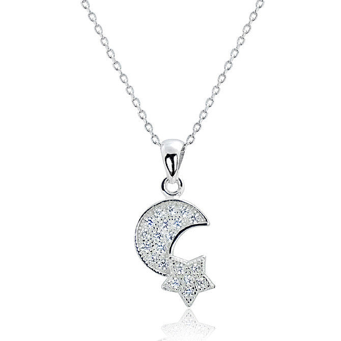 925 Silver CZ Lovely Moon and Star Pendant Necklace 16"+ 2" - Jewelry - Prjewel.com - 1